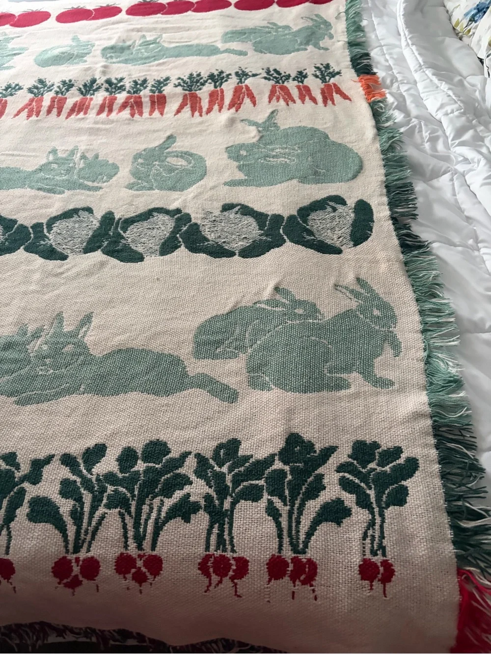 Rabbit & vegetable Cotton fringe edge Throw Blanket in Mint and Coral